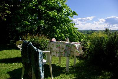 Chairs and table by trees on field against sky