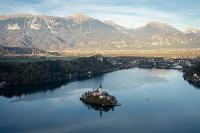 Scenic view of lake and mountains against sky
