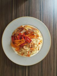 High angle view of breakfast served on table