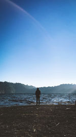 Rear view of man standing on beach against clear sky