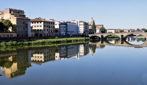 Reflection of buildings and bridge on arno river against sky
