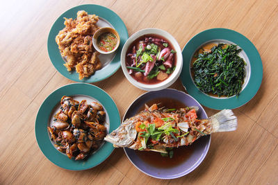 High angle view of food served on table