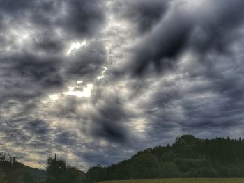 Low angle view of storm clouds over trees