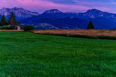 Scenic view of field and mountains against sky