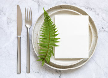 High angle view of white plate on table