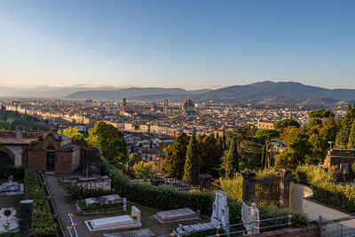 High angle view of townscape against clear sky during sunset