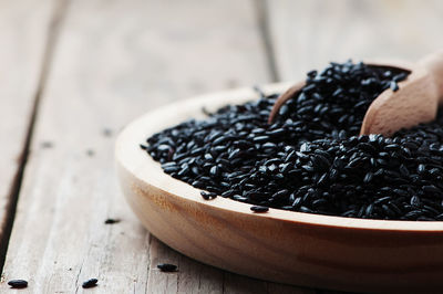 High angle view of black coffee in bowl on table