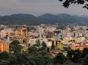 High angle view of townscape against sky