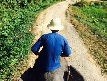 Rear view of man working on road