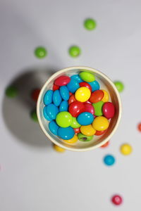 High angle view of multi colored balls on table