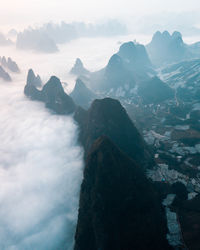 High angle view of mountains against sky