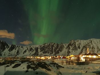 Panoramic view of snowcapped mountains against sky at night