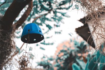 Low angle view of lighting equipment hanging on tree