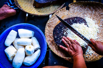 High angle view of person preparing food