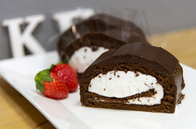 Close-up of dessert served on table
