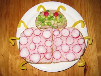 High angle view of food in plate