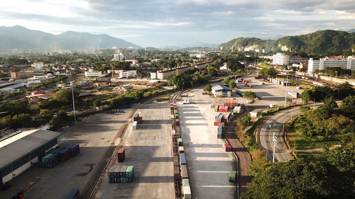 High angle view of street amidst buildings in city