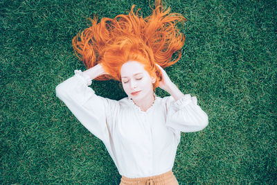 High angle view of woman on field