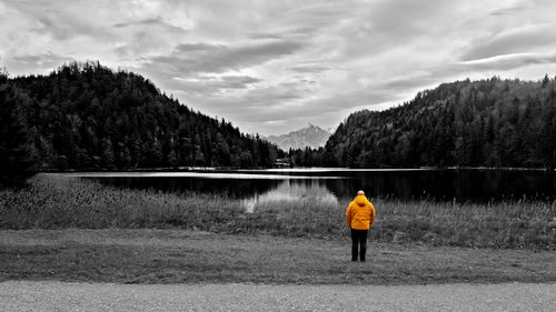 Rear view of man standing on shore against sky