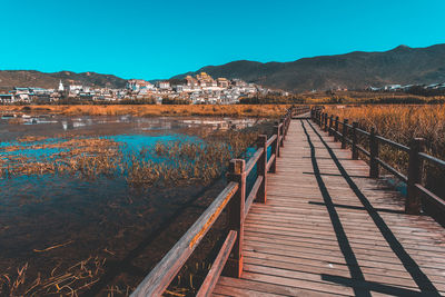 Scenic view of lake against clear blue sky