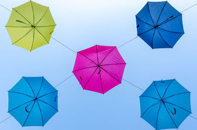 Directly below shots of umbrellas against clear blue sky