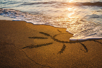 High angle view of footprints on sand at beach
