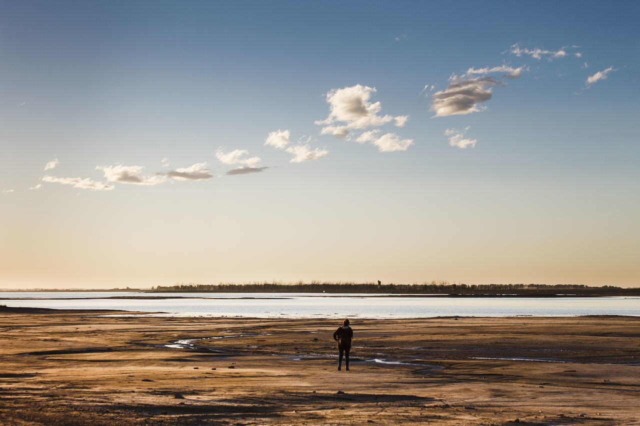 SILHOUETTE PERSON STANDING AT BEACH AGAINST SKY