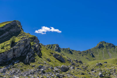 Low angle view of mountain against blue sky