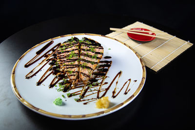 High angle view of dessert in plate on table
