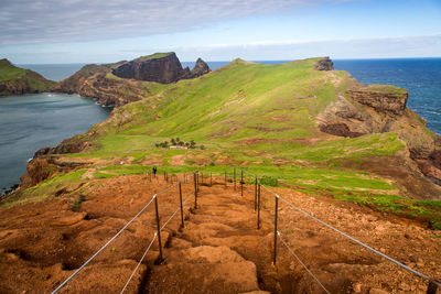 Scenic view of mountains and sea against cloudy sky