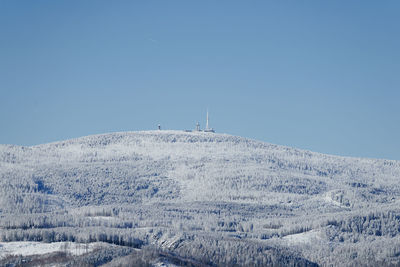 Scenic view of snowcapped mountains against clear blue sky