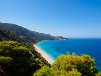 Scenic view of sea against clear blue sky