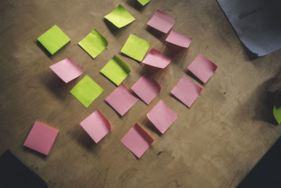 High angle view of sticky notes on desk at workplace