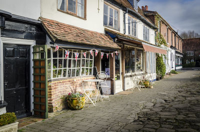 Potted plants on footpath against buildings