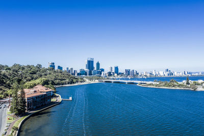 Panoramic view of sea and buildings against clear blue sky