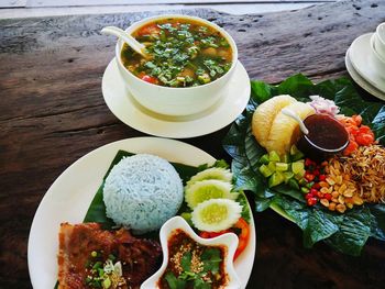 High angle view of meal served on table