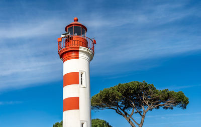 Lighthouse by sea against sky