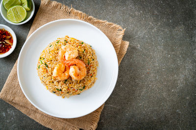 High angle view of food in plate on table