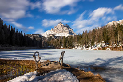 Antorno's lake with snow, in misurina. auronzo, belluno, veneto.