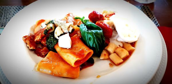 High angle view of salad in plate on table