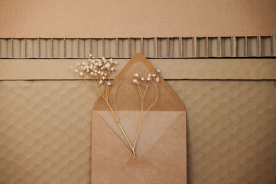 Textured recycled cardboard background pattern with brown paper envelope baby's breath gypsophila