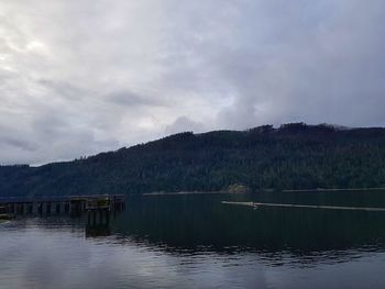 Scenic view of lake by mountain against sky