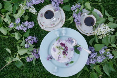 Directly above shot of cake and coffee cups with lilac flowers on grassy field