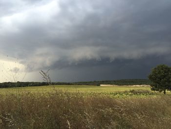 Scenic view of field against cloudy sky