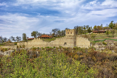 Plants growing on old fortress by field against sky