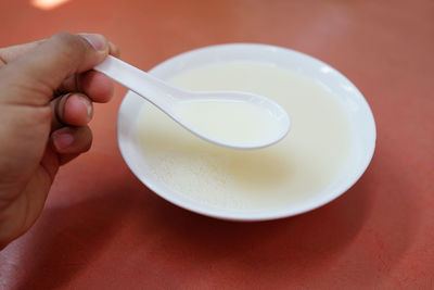 Cropped hand holding spoon over soup in bowl