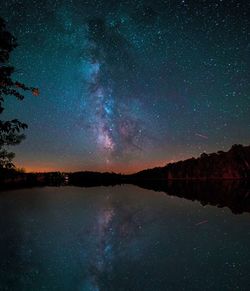 Scenic view of galaxy reflection in lake against sky at night