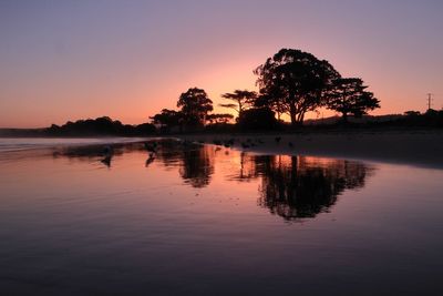 Silhouette trees by lake against sky during sunset