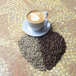 High angle view of coffee cup on table