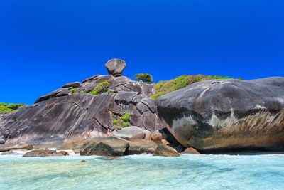 Rock formation by sea against clear blue sky
